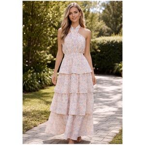 IN FEBRUARY Women’s Size S Coral & Blue Floral Halter Neckline Tiered Maxi Dress